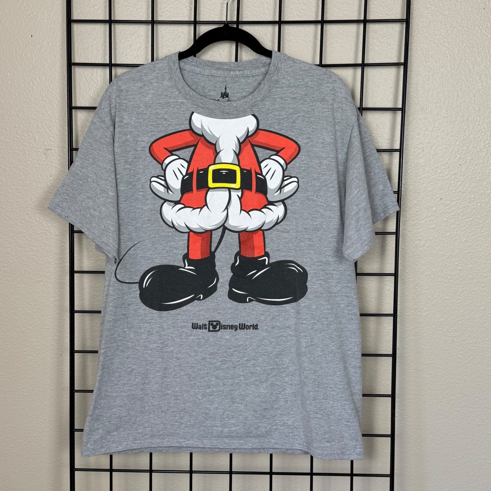 Disney Parks T-Shirt Mens Large Gray Mickey Mouse Santa Suit Graphic Tee